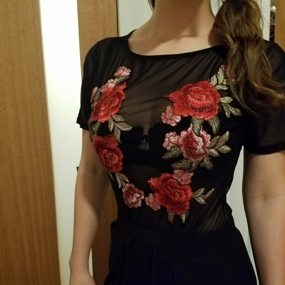 Mesh Flower Embroidered Body Suit Leo